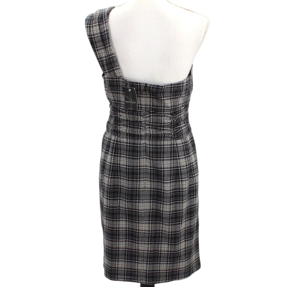 New Nanette Lepore Plaid One Shoulder Plaid Mini Dress Knotted Waist Black 4 - Picture 4 of 6